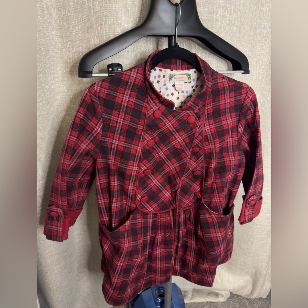 Anthropologie Flying Tomato Red and Black Plaid Pleated Coat Jacket Size L